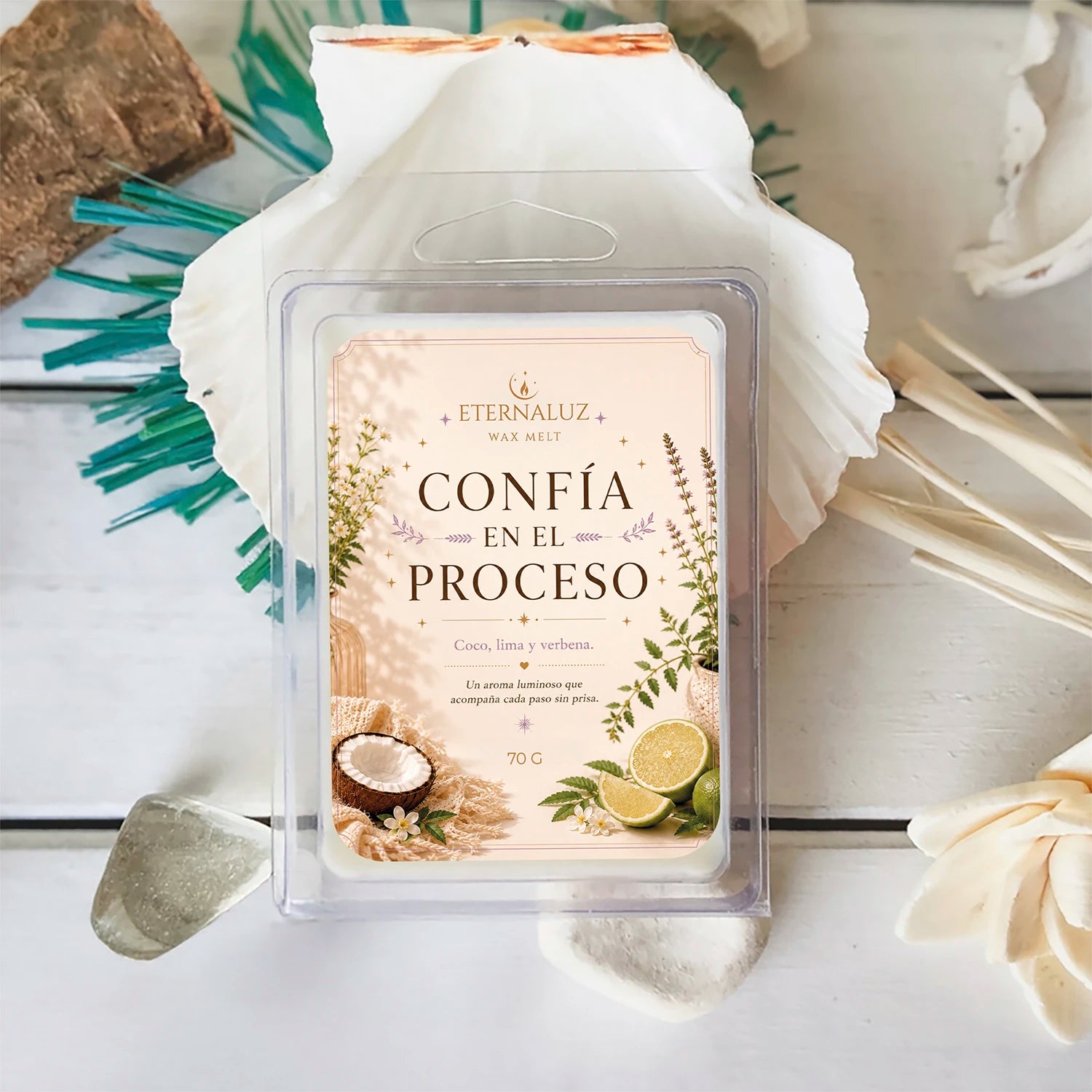 Wax melts Confía en el proceso con aroma fresco de lima, coco y verbena, ideales para crear un ambiente de enfoque y calma