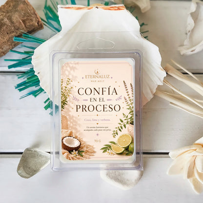 Wax melts Confía en el proceso con aroma fresco de lima, coco y verbena, ideales para crear un ambiente de enfoque y calma