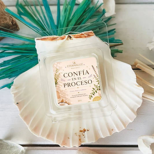 Wax melts Confía en el proceso con aroma fresco de lima, coco y verbena, ideales para crear un ambiente de enfoque y calma