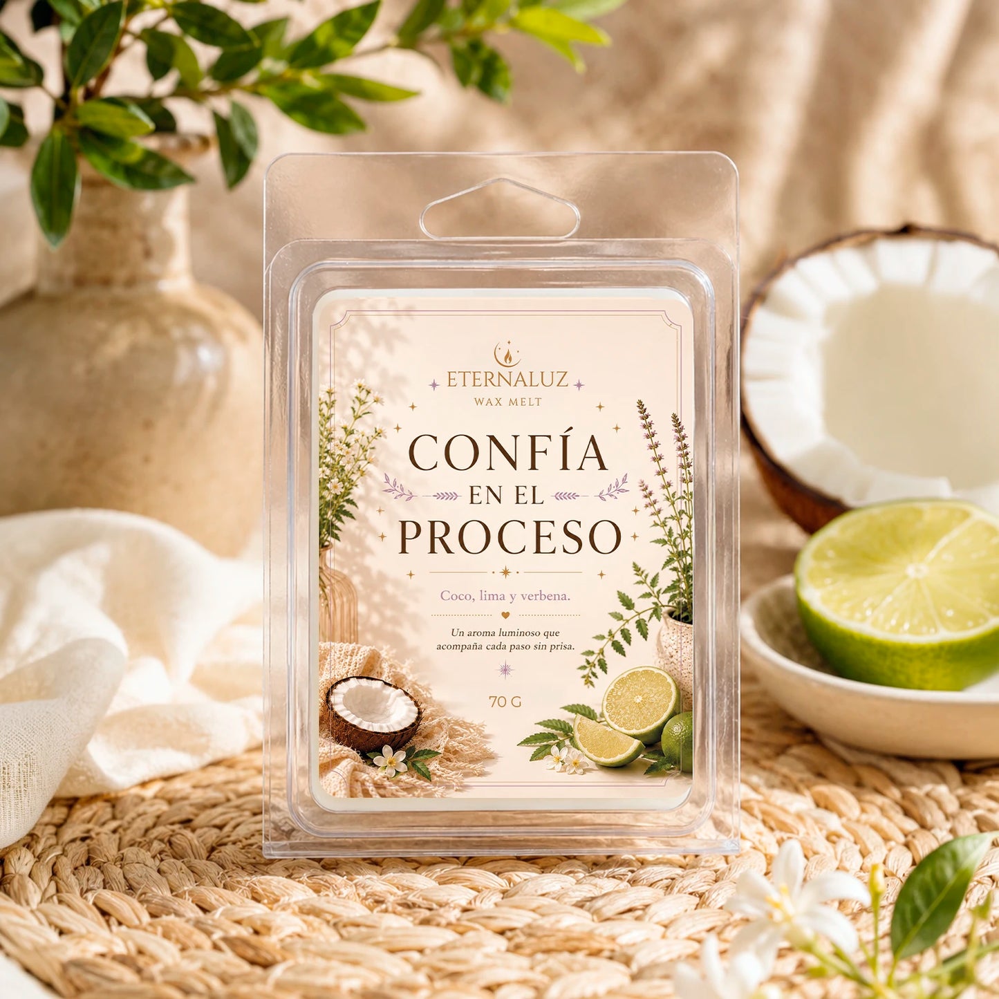 Wax melts Confía en el proceso con aroma fresco de lima, coco y verbena, ideales para crear un ambiente de enfoque y calma