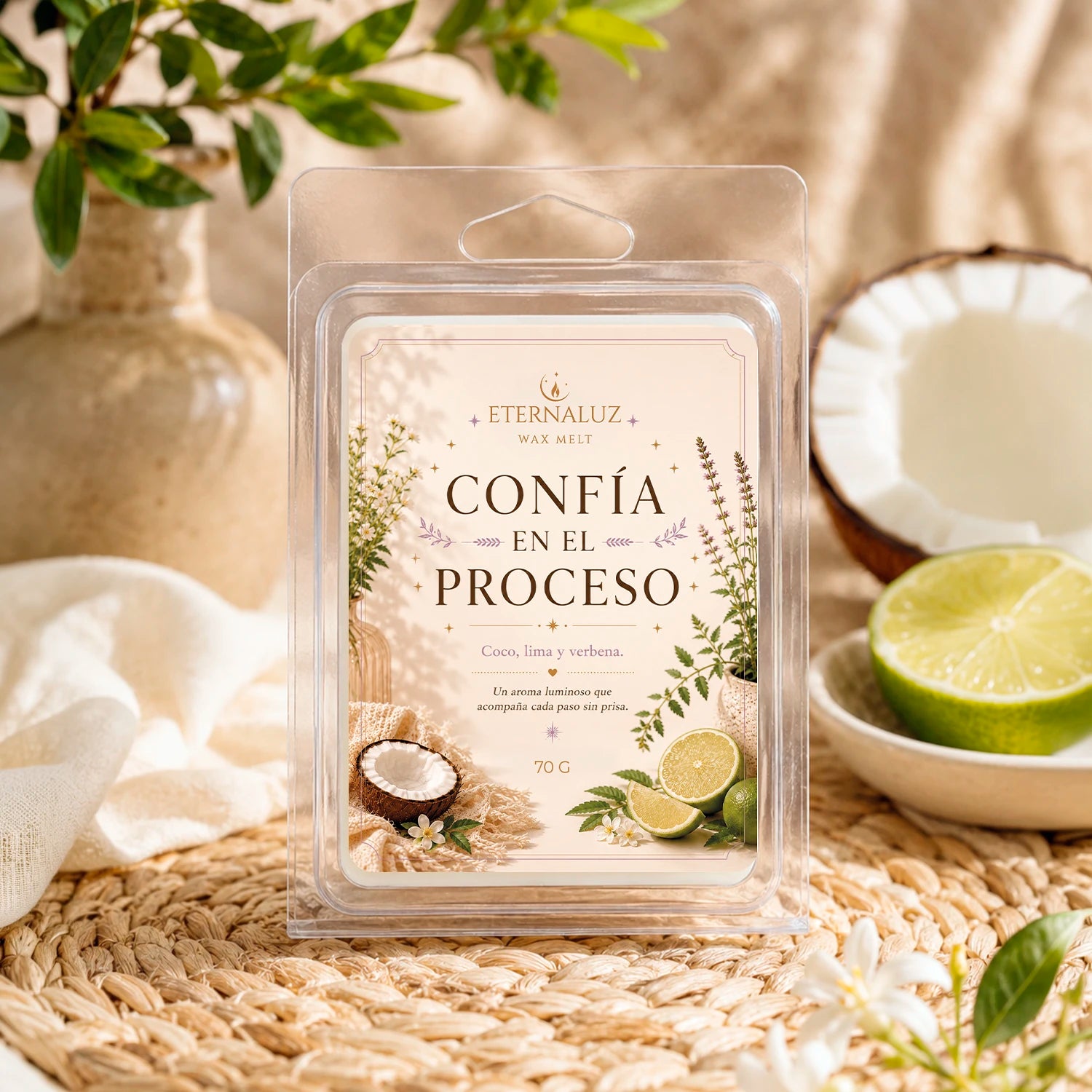 Wax melts Confía en el proceso con aroma fresco de lima, coco y verbena, ideales para crear un ambiente de enfoque y calma