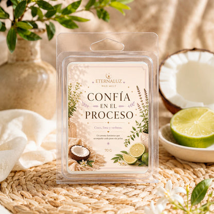 Wax melts Confía en el proceso con aroma fresco de lima, coco y verbena, ideales para crear un ambiente de enfoque y calma