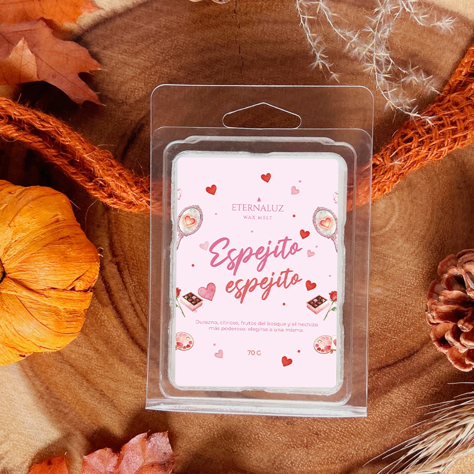 Wax melts aromáticos inspirados en Blancanieves, con notas de cítricos, durazno y almizcle, para momentos de autocuidado y amor propio.