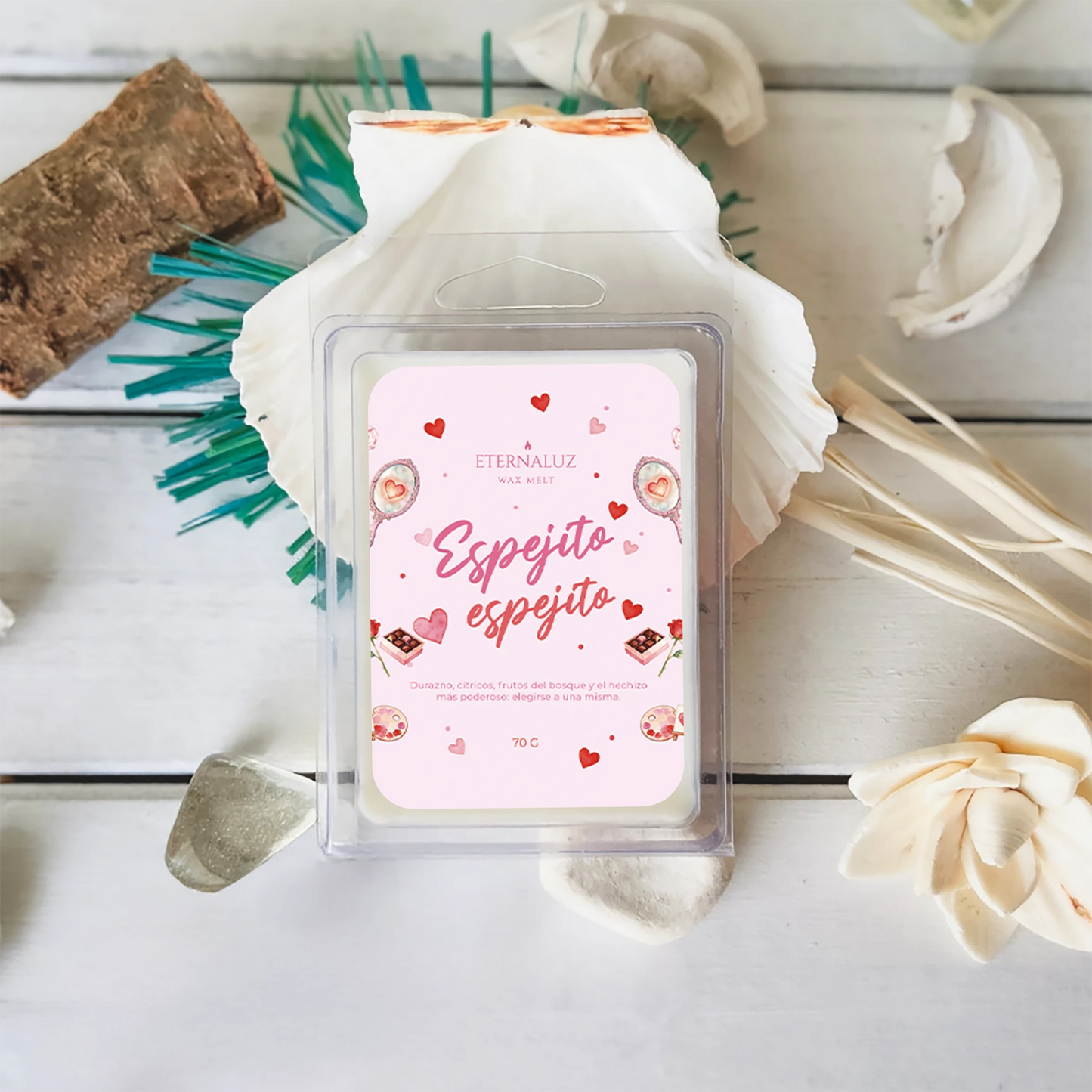 Wax melts aromáticos inspirados en Blancanieves, con notas de cítricos, durazno y almizcle, para momentos de autocuidado y amor propio.