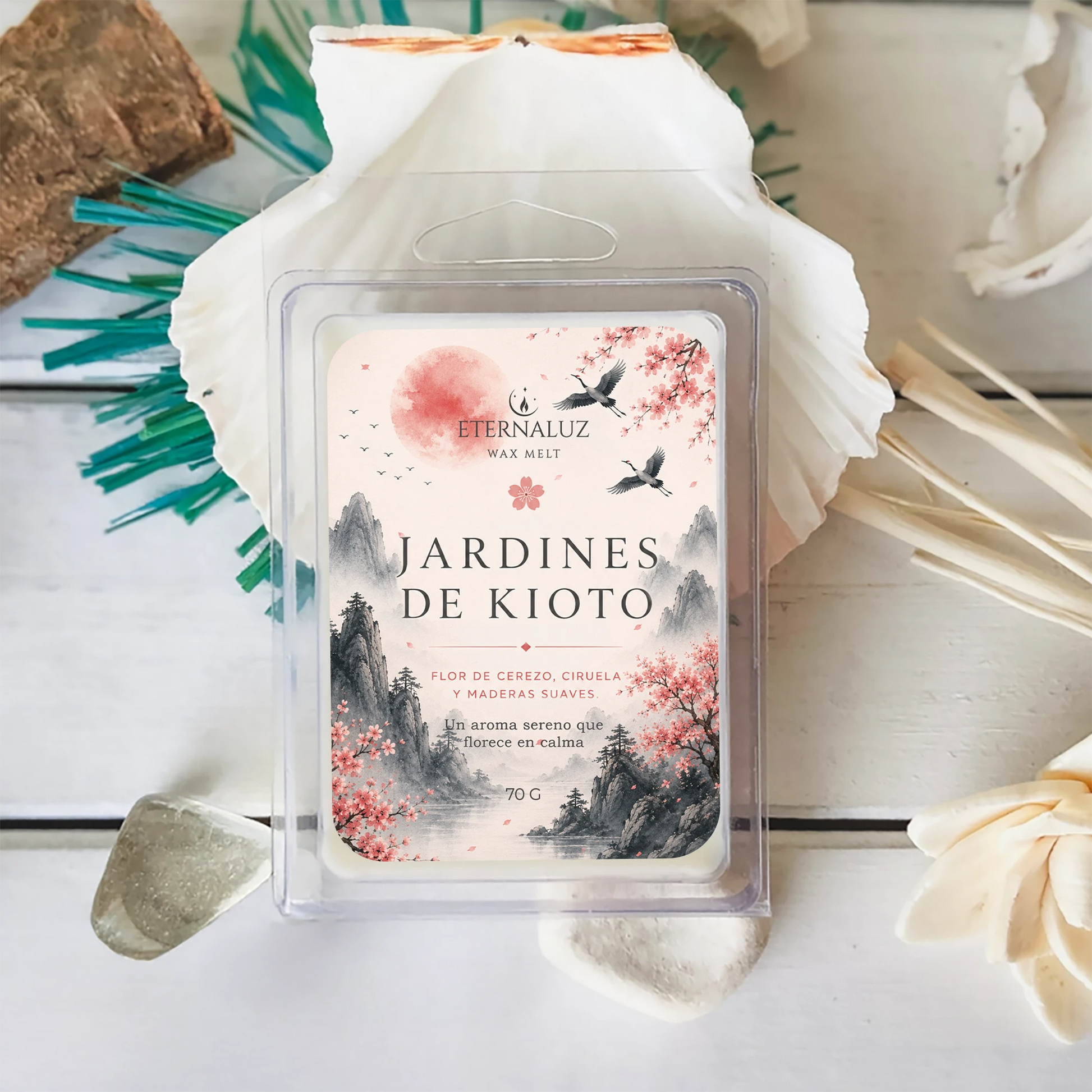 Wax melts Jardines de Kioto con aroma a flor de cerezo, ciruela, sándalo y ámbar, inspirados en la calma de los jardines japoneses