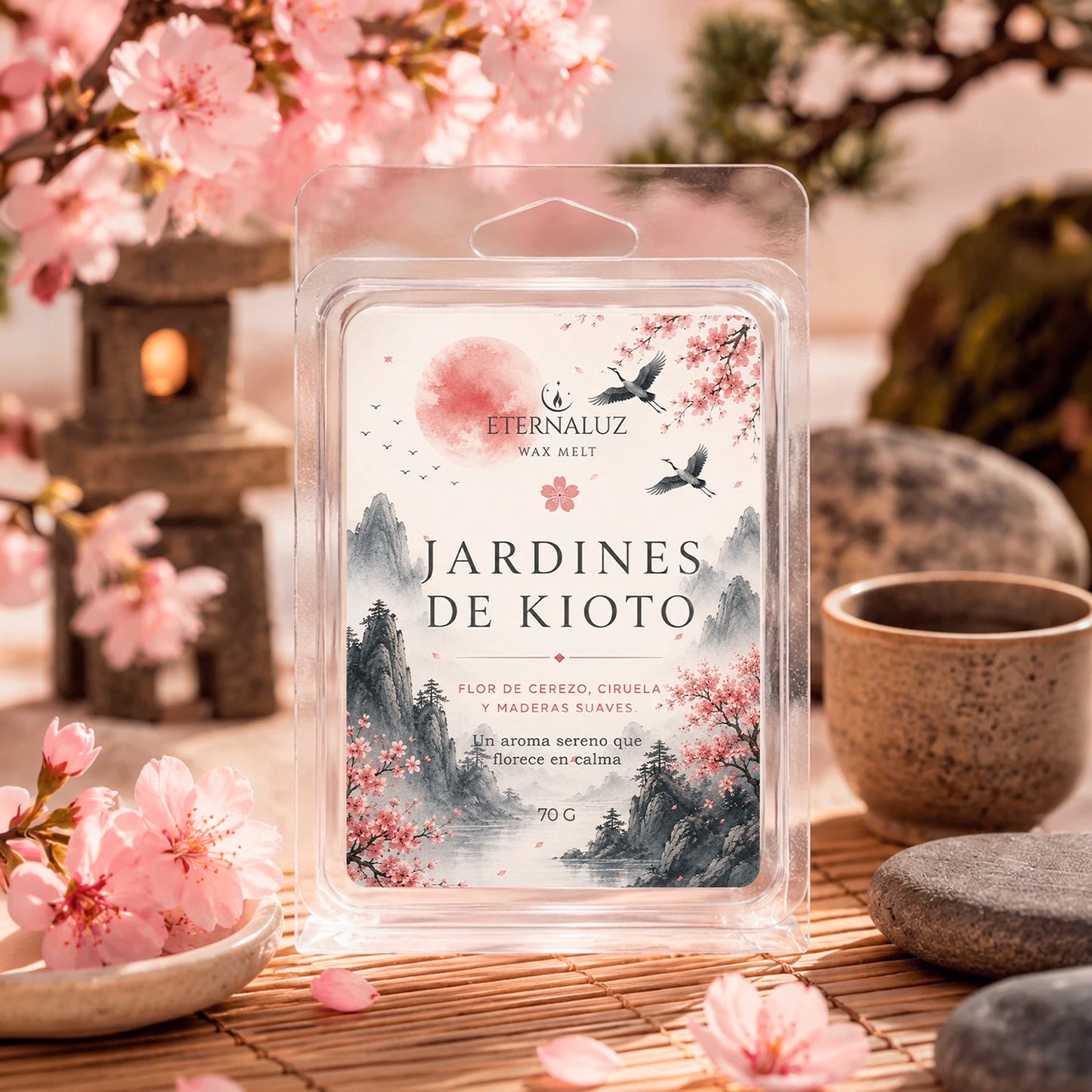 Wax melts Jardines de Kioto con aroma a flor de cerezo, ciruela, sándalo y ámbar, inspirados en la calma de los jardines japoneses