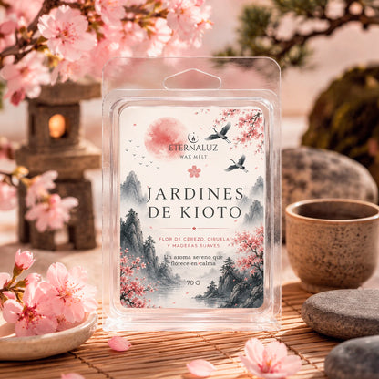 Wax melts Jardines de Kioto con aroma a flor de cerezo, ciruela, sándalo y ámbar, inspirados en la calma de los jardines japoneses