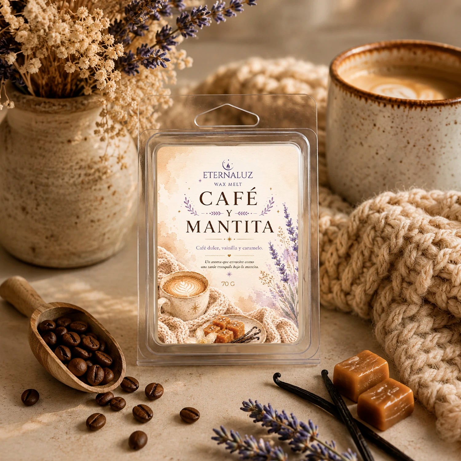Wax melts Café y Mantita con aroma gourmand a café tostado, vainilla y caramelo para crear un ambiente acogedor