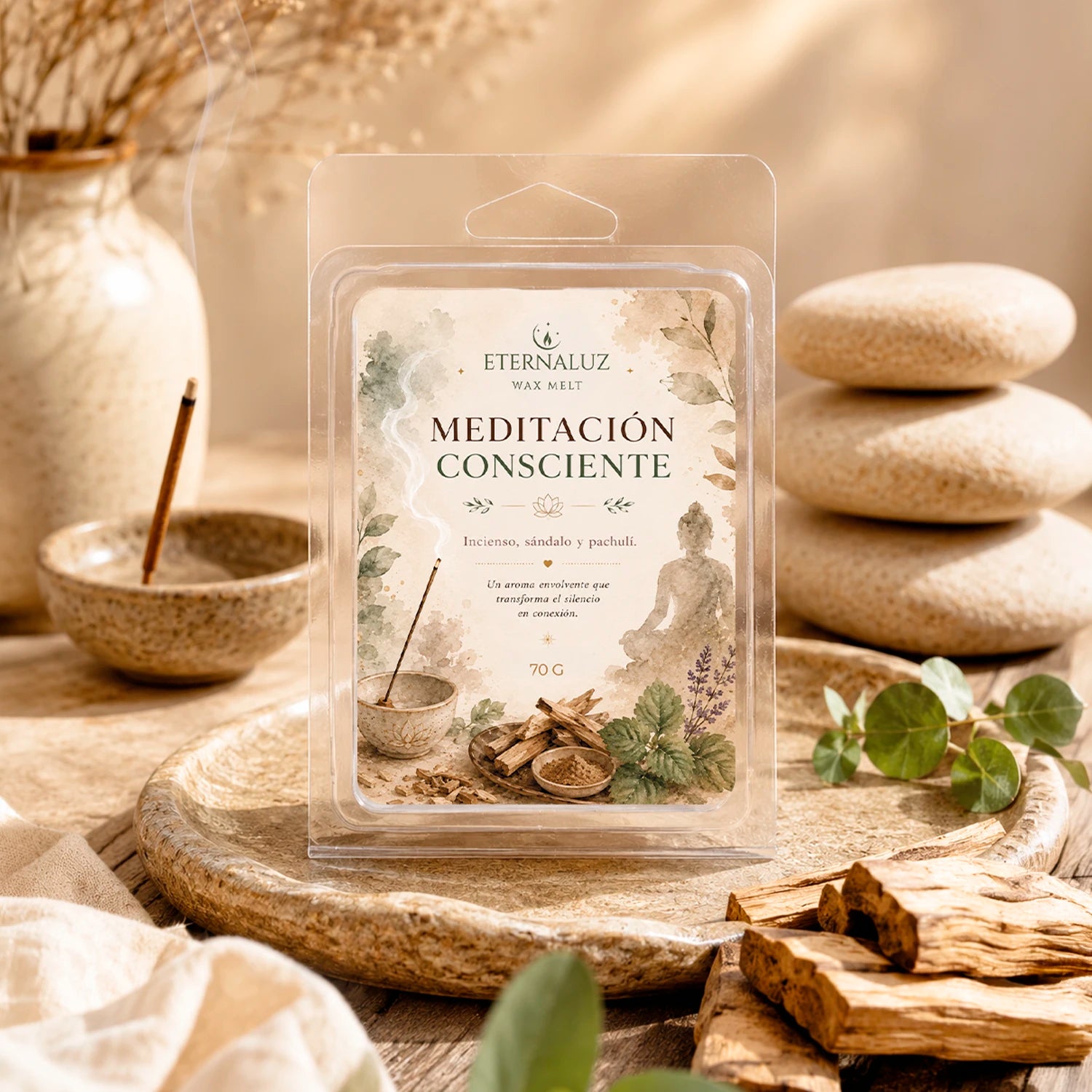 Wax melts Meditación Consciente con aroma a incienso, sándalo y pachulí, ideales para meditación, journaling y calma interior