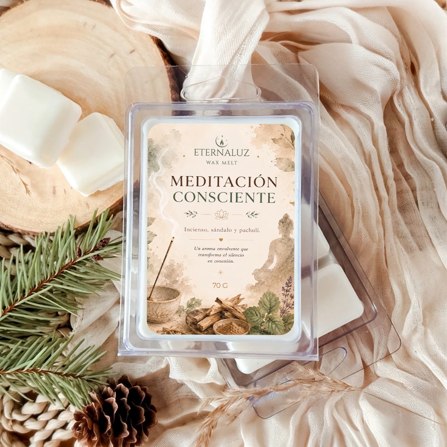 Wax melts Meditación Consciente con aroma a incienso, sándalo y pachulí, ideales para meditación, journaling y calma interior