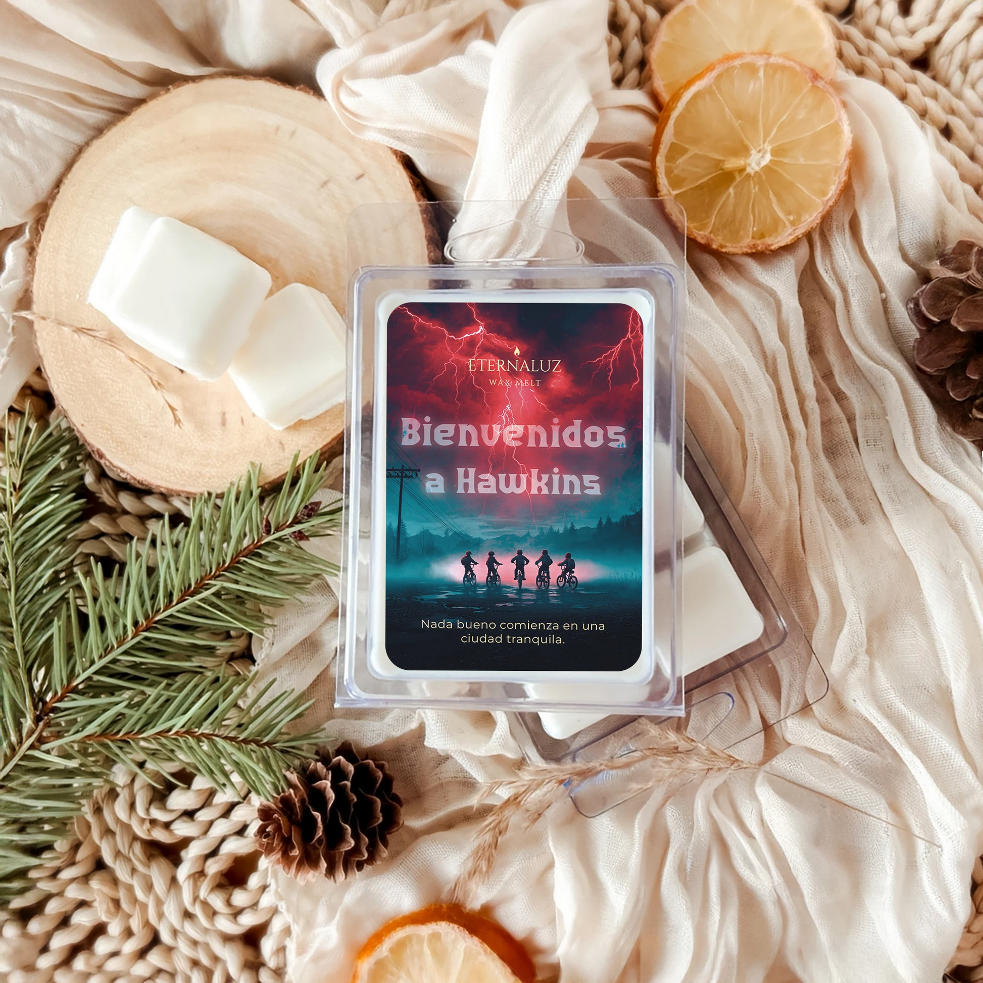 Wax melt inspirado en Stranger Things con aroma a bosque húmedo, ozono y musgo de roble, junto a bicicleta vintage.