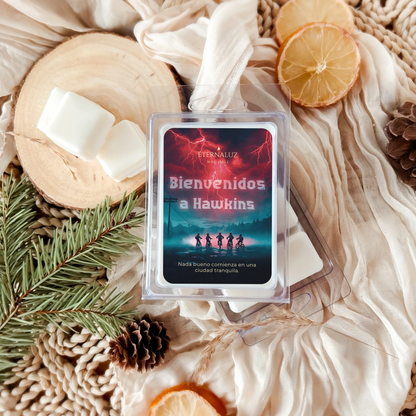 Wax melt inspirado en Stranger Things con aroma a bosque húmedo, ozono y musgo de roble, junto a bicicleta vintage.