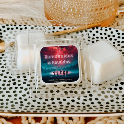 Wax melt inspirado en Stranger Things con aroma a bosque húmedo, ozono y musgo de roble, junto a bicicleta vintage.