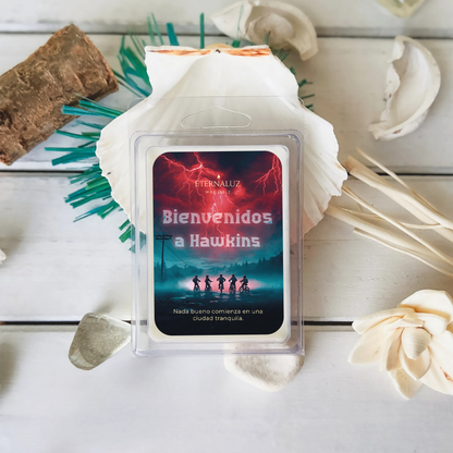 Wax melt inspirado en Stranger Things con aroma a bosque húmedo, ozono y musgo de roble, junto a bicicleta vintage.